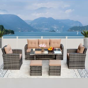 Freely Combinable 6-Piece Anti-rust Steel Hand-woven Gray PE Wicker Outdoor Patio Sectional Set with Brown Cushion