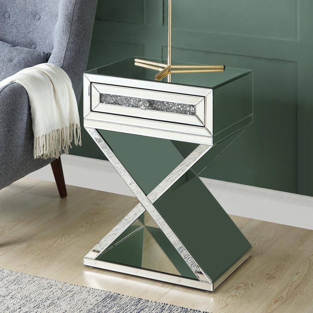 32" Glamorous Mirrored X-Shaped Accent Table with Faux Diamond Inlay