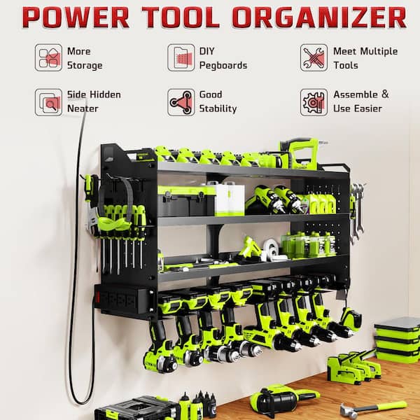33.46 in. Black Steel 4-Tier Power Tool Organizer Wall Mount Tool Storage Rack Workbench with Side Pegboards (1-Pack)