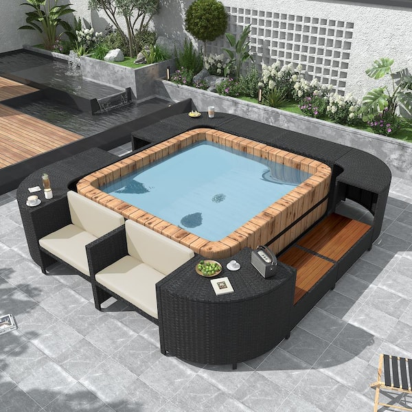 Nestfair Spa Surround Spa Wicker Quadrilateral Outdoor Sectional Sofa Set with Wooden Seats and Beige Cushions