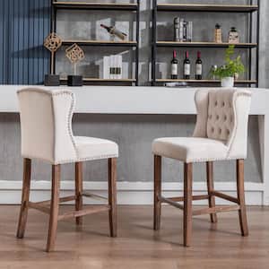 27 in. Beige Wood Legs Wingback Upholstered Barstools with Nailhead-Trim and Tufted Back, Breakfast Chairs (Set of 2)