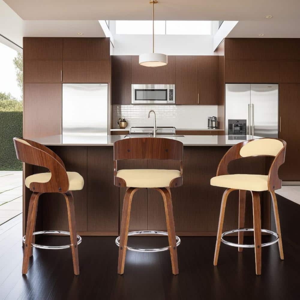 Shelly Contemporary 26 Counter Height Swivel Bar Stool in Walnut Wood Fi