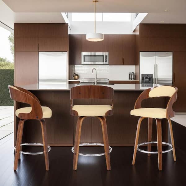 Armen Living Shelly Contemporary 26" Counter Height Swivel Bar Stool in Walnut Wood Finish and Cream Faux Leather