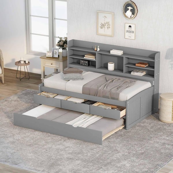 Gray Wood Frame Twin Size Platform Bed with Built-in Bookshelves,3 Storage Drawers and Trundle