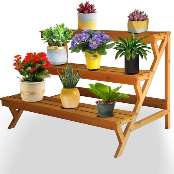 Outdoor Solid Wood Corner Ladder Plant Stand, Storage Shelf for Balcony (3-Tier)