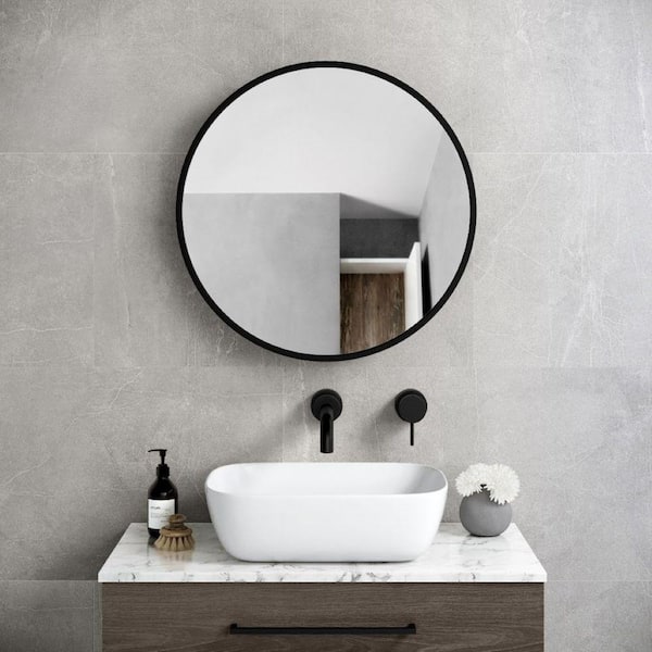 Cesicia 30 in. W x 30 in. H Round Black Metal Medicine Cabinet with Mirror