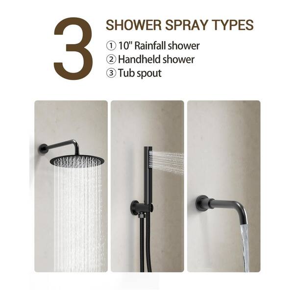 KOJOX 12 Inch Shower System - Rainfall Shower Head, Handheld, Tub Spout & Pressure Balance Valve, Matte Black, Complete Set