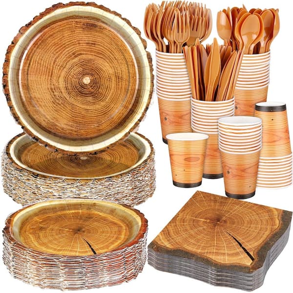 350-Piece Rustic Wood Grain Paper Tableware Plates Cups Napkins Cutlery Party Set Service for 50 Guests