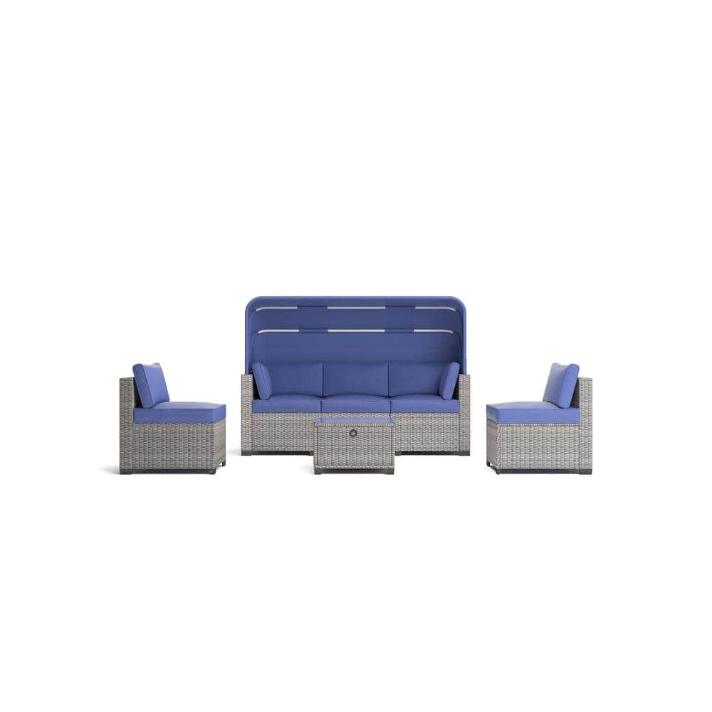 6 Piece Gray Wicker Outdoor Sectional Set Rattan Daybed with Blue Cushions 