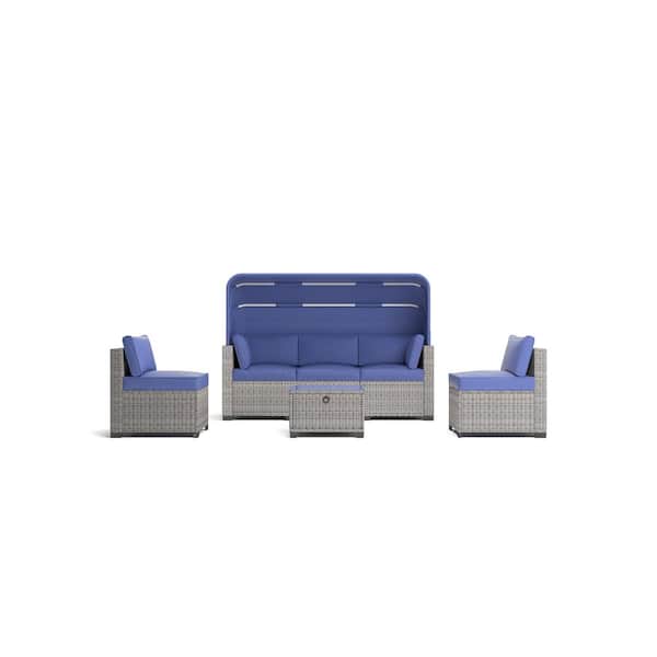 Unbranded 6 Piece Gray Wicker Outdoor Sectional Set Rattan Daybed with Blue Cushions Retractable Canopy and Adjustable Backrest