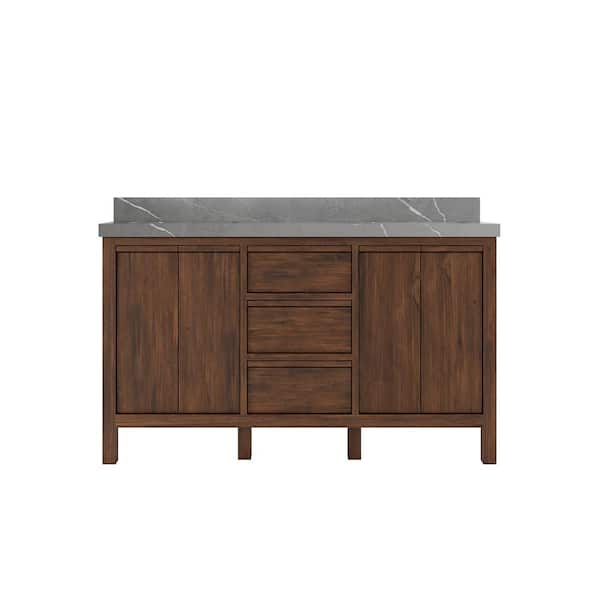 Willow Collections Elizabeth Teak 60 in. W x 22 in. D x 36 in. H Double Sink Bath Vanity in Dark Walnut with 2" Piatra Quartz Top