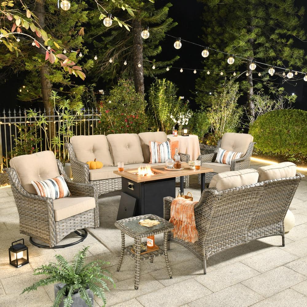 Eureka Grey 6-Piece Wicker Outdoor Patio Conversation Sofa Loveseat Set with a Storage Fire Pit and Beige Cushions -  Toject, DFP-YZLPA606