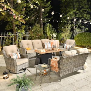 Eureka Grey 6-Piece Wicker Outdoor Patio Conversation Sofa Loveseat Set with a Storage Fire Pit and Beige Cushions