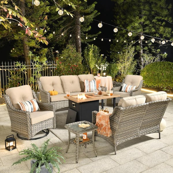 Toject Eureka Grey 6-Piece Wicker Outdoor Patio Conversation Sofa Loveseat Set with a Storage Fire Pit and Beige Cushions