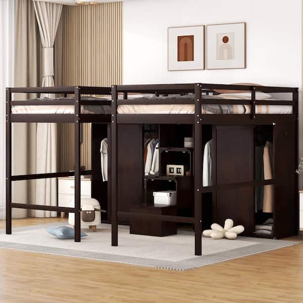 Harper & Bright Designs Espresso Double Twin Loft Bed with 2 Wardrobes and Storage Staircase