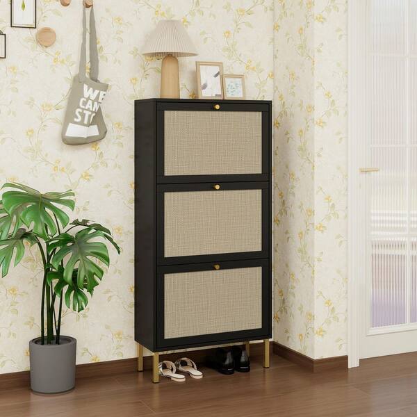 48.98 in.H x23.62 in.W Black Rattan 3-Door Particle Board Shoe Storage Cabinet,Freestanding Entryway Storage,for Hallway