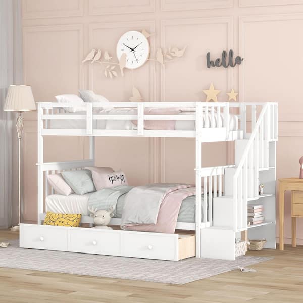 URTR Stairway White Twin Over Twin Wood Bunk Bed with 3 Drawers and 4 Storage Staircase, Can be Separated into 2 Beds