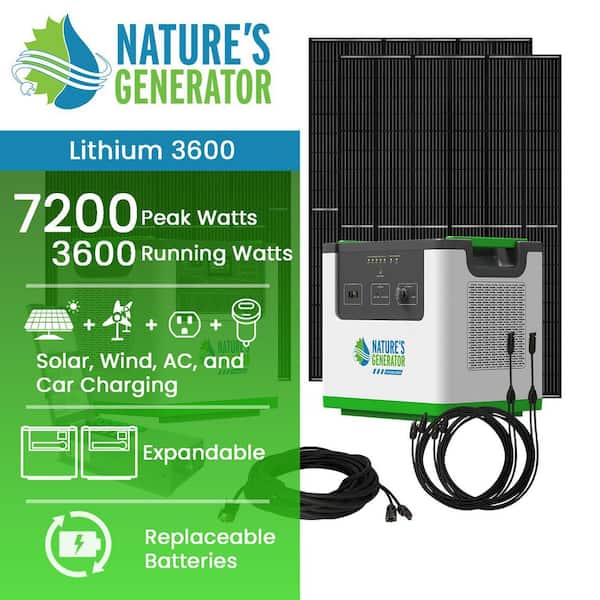 Lithium 3600W Cont/7200W Peak Push Button Start Solar Gen with Lithium 3600W Power Pod, 4 410W Panels and Transfer Kit