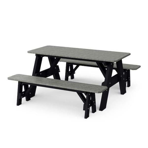 Wildridge Heritage 72 in. Dark Gray and Black Rectangle HDPE Plastic Picnic Table with Detached Benches Seats 6 People