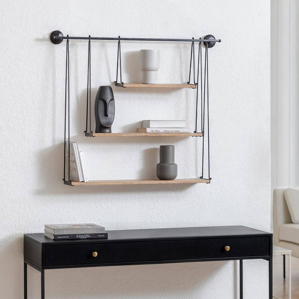 Sleek Scandinavian Black Iron & Wood 3-Tier Floating Shelf