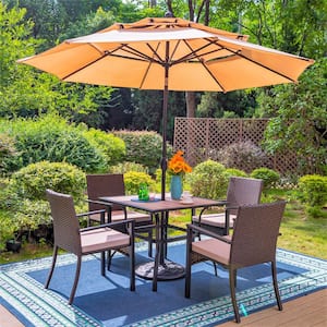 Black 6-Piece Metal Square Table Patio Outdoor Dining Set with Beige Umbrella and Rattan Chairs with Beige Cushion