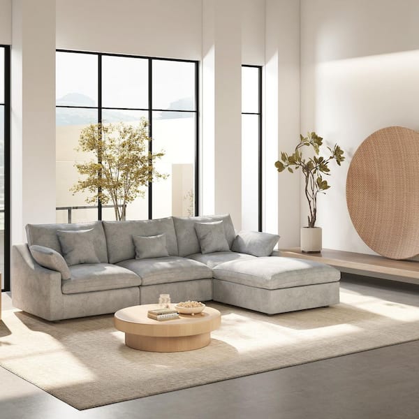 119 in. Square Arm Linen Oversized 4-Piece L-Shaped Modular Sectional Sofa with Ottoman in. Gray