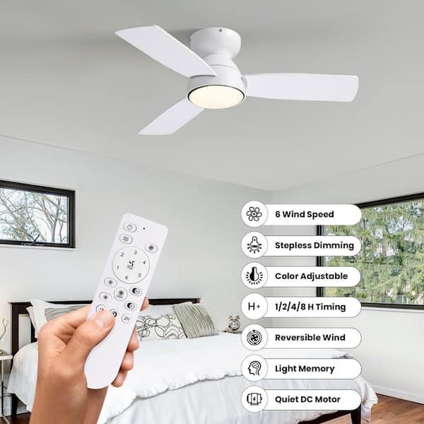 32 in. Smart Indoor Modern White Low Profile Flush Mount Ceiling Fan with Integrated Dimmable LED with Remote Included