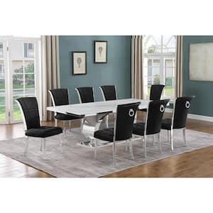 Ibraim 9-Piece Rectangle White Marble Top with Stainless Steel Base Dining Set with 8 Black Velvet Iron Leg Chairs