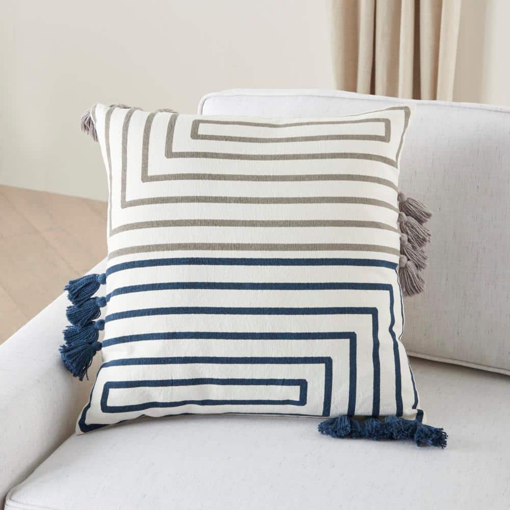 Navy and Light Gray Striped Cotton Tassel Throw Pillow Set