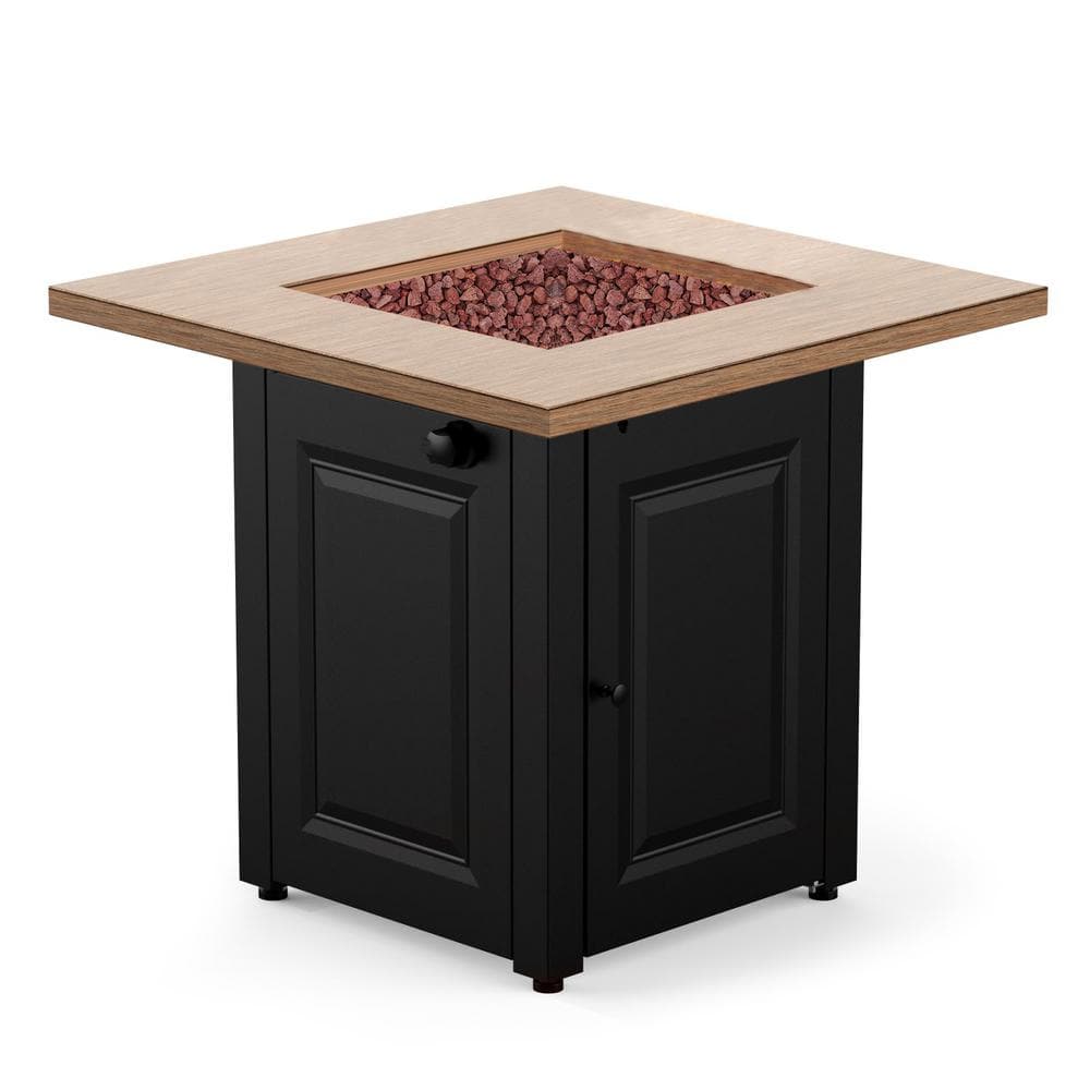 28 in. Wood Grain Black Square Metal Gas Fire Pit Table, 50000 BTU