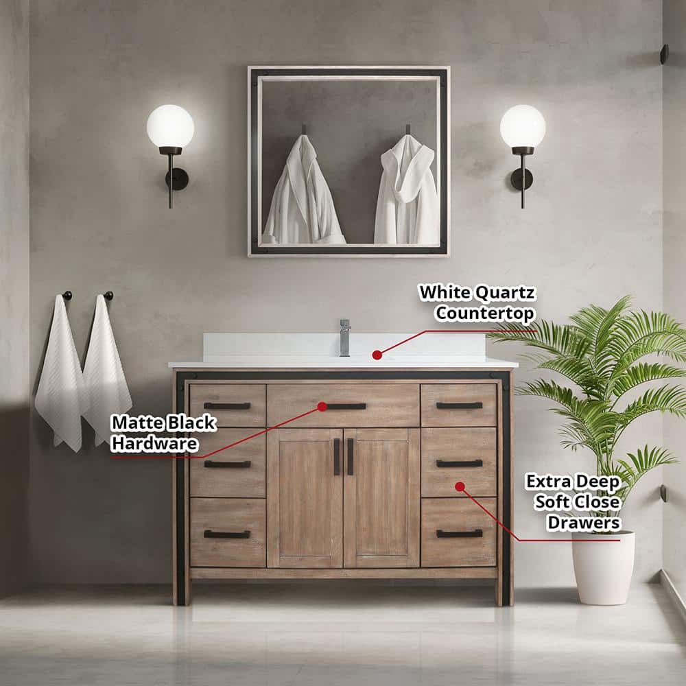 Ziva 48" Rustic Barnwood Single Sink Bathroom Vanity with White Quartz Top