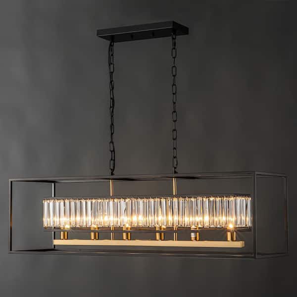 Rennnsan Kathy Contemporary Luxury 6-Light Black Rectangular Frame Chandelier with Inner Crystal Kitchen Island Pendant Light