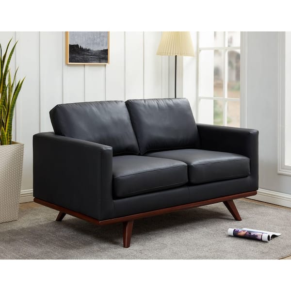 Chester 58 in. Wide Leather Loveseat Sofa with Removable Cushions 2-Seater Chair with Birch Wood Legs in Black