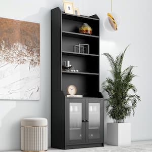 78.3 in. Tall Black Wood 6-Shelf Standard Accent Bookcase with Acrylic Board Door and Adjustable Shelves