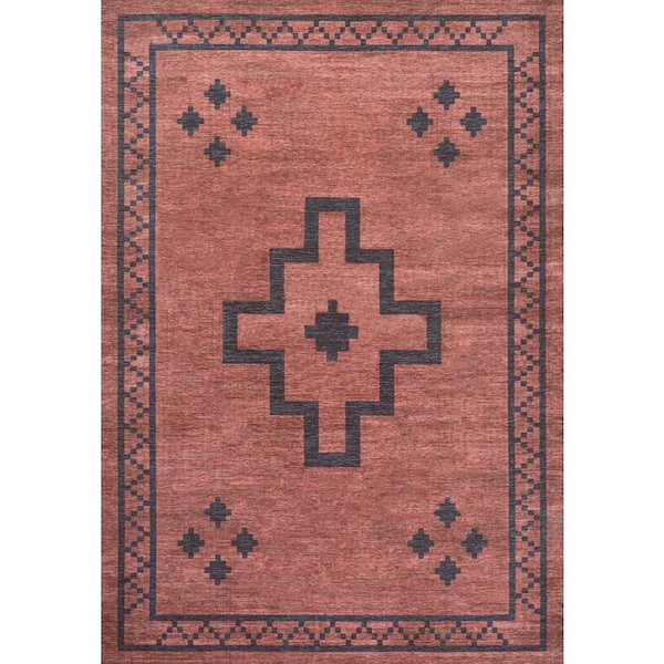 Korsa Geometric Medallion Machine-Washable Red/Black 8 ft. x 10 ft. Area Rug