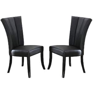 Black Leather Upholstered Dining Chair in Poplar Wood (Set of 2)
