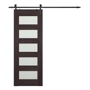 Vona 07-07 24"x96" 5-Lite Frosted Glass Veralinga Oak Finished Composite Core Wood Sliding Barn Door with Hardware Kit