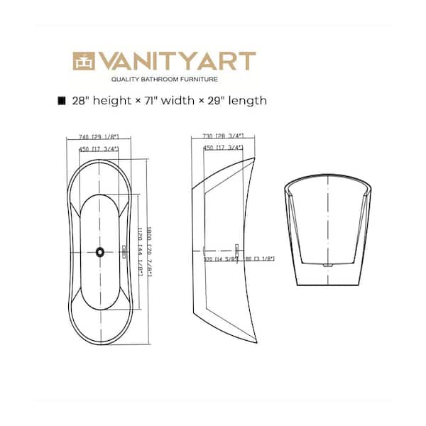 Vanity Art Reims 71 in. Acrylic Flatbottom Center Bathtub in White