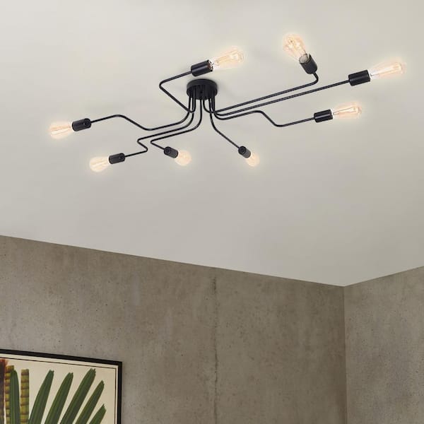 Rennnsan Elio 47.24 in. 8-Light Black Mid-Century Pendant Ceiling Light Sputnik Semi- Flush Mount Light