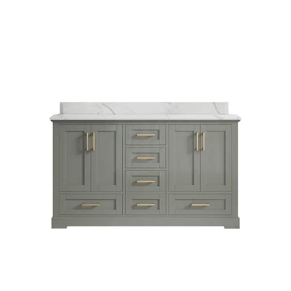 Willow Collections Boston 60 in. W x 22 in. D x 36 in. H Double Sink Bath Vanity in Evergreen with 1.5 in. Calacatta Quartz Top
