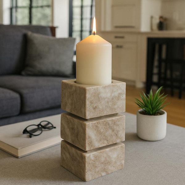 Liv & Skye Ivory 8 in. Onyx Marble Stacked Cubes Pillar Candle Holder