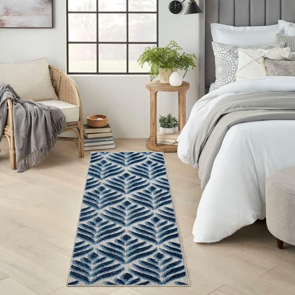 Aloha Blue 2 ft. x 12 ft. Botanical Contemporary Runner Indoor/Outdoor Area Rug