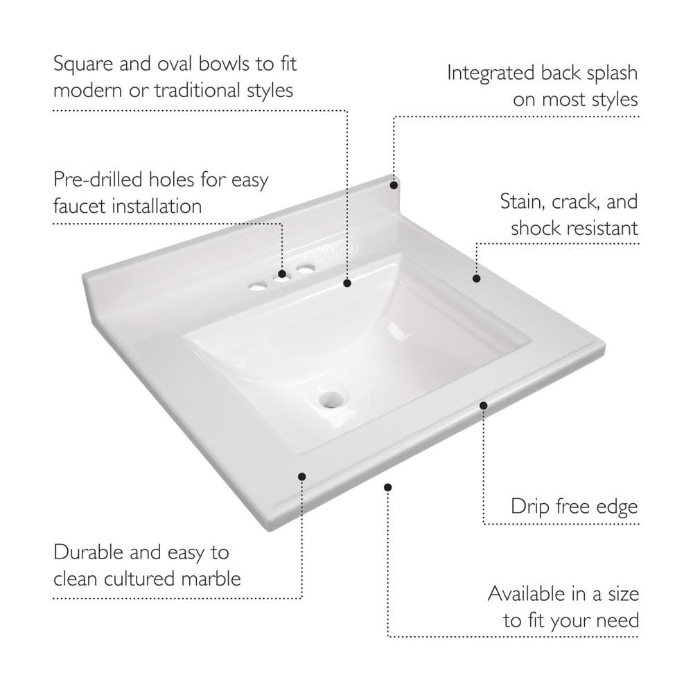 Camilla 25-Inch White Cultured Marble Vanity Top with Backsplash