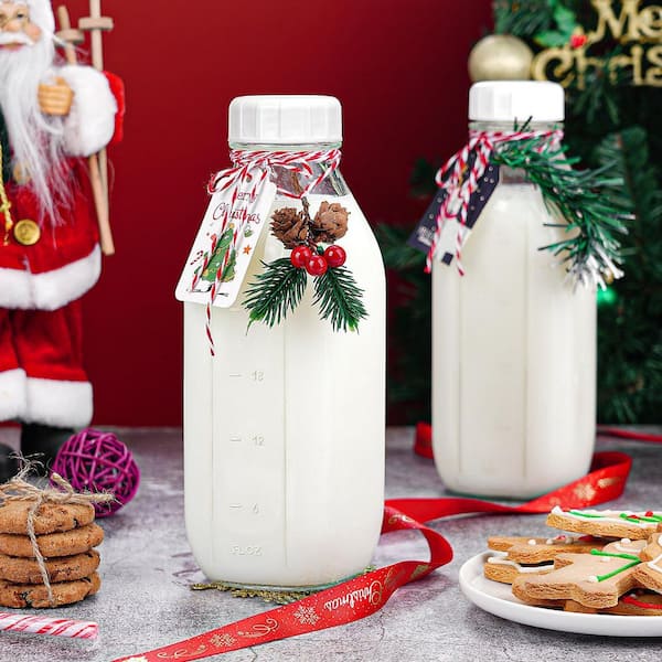 2-Pack Glass Milk Bottle with 2 Dispenser Caps, 32 oz. Reusable Glass Water Jug with 3-Lids for Nut Juice Syrup