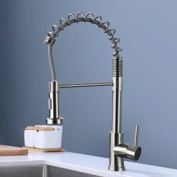 18.89 in. Single Handle 360° Spout Swivel Pull Down Sprayer Kitchen Sink Faucet in Brushed Nickel
