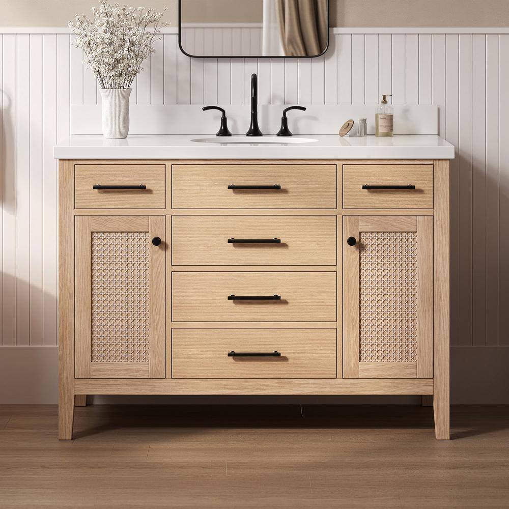 Camila 49" Light Brown Wood Single Sink Bathroom Vanity with White Quartz Top