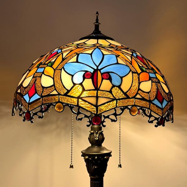 64 in. Tiffany Style Bronze Finish 2-Light Standard Floor Lamp with Multi-Colored Baroque Stained Glass Lamp Shade