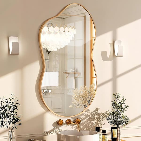 46 in. W x 26 in. H Irregular Gold Aluminum Alloy Framed Wall Mirror Asymmetrical Wall Mirror