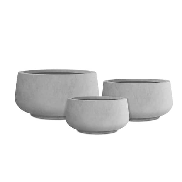 KANTE 21.6", 16.9", and 12.5"W Round Natural Concrete Elegant Planters, Set of 3 Outdoor Indoor Seamless w/ Drainage Hole