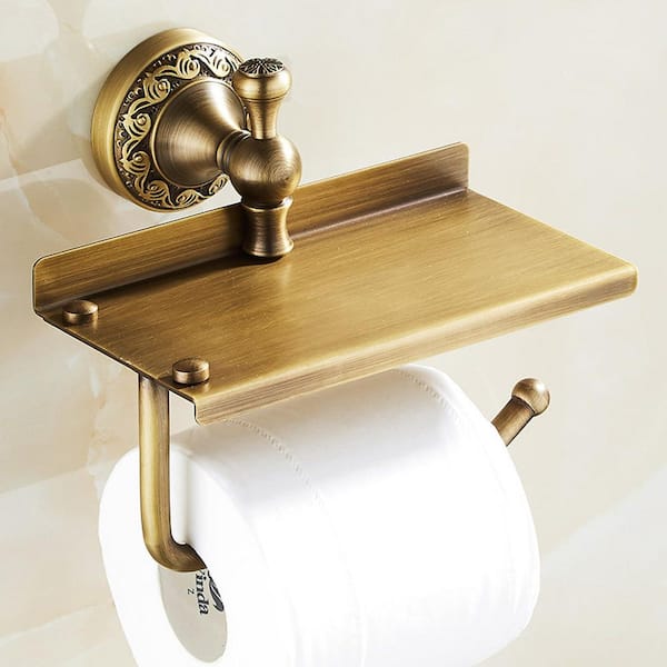 Wall-Mount Toilet Paper Holder in Antique Bronze, Toilet Paper Holder with Phone Shelf, Sturdy and Durable